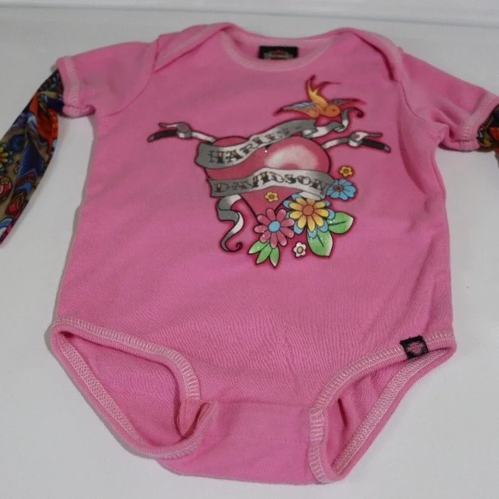 Harley Davidson Baby Girl Body Suits Lot of 3 Tattoo Arm Pink I Love Harley 3-6
